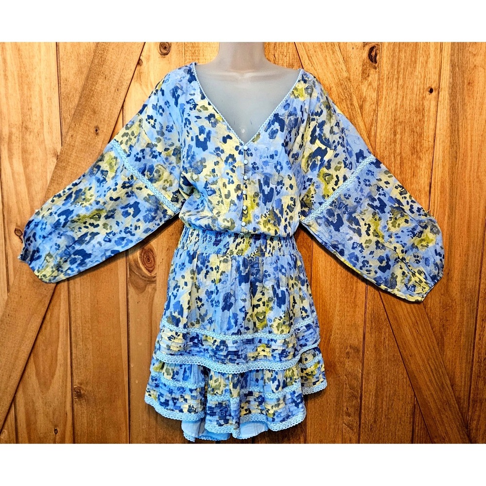 Aerie Mini Dress XL Blue Rock n Ruffle Smocked Boho Abstract Dolman Sleeve #805